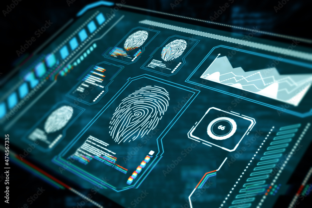 Poster abstract glowing blue fingerprint scanner interface on dark background. technology, information and 