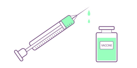 Vector illustration of syringe and vaccine in flat style.