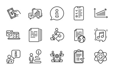 Education icons set. Included icon as Musical note, Atom core, Online survey signs. Internet document, Chart, Teamwork symbols. Delegate work, Graph chart, Copy documents. Interview. Vector