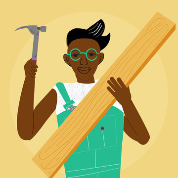 Lesbian carpenter holding a hammer and a piece of wood