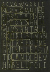 Merry Christmas crossword game for kids. Black and gold educational activity page. Gold ink alphabetic letters.Christmas word search for children. Activity printable worksheet