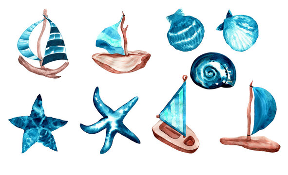 Set of watercolor wooden children toy boats with blue sails and blue starfish and seashells. Watercolor nautical style set.