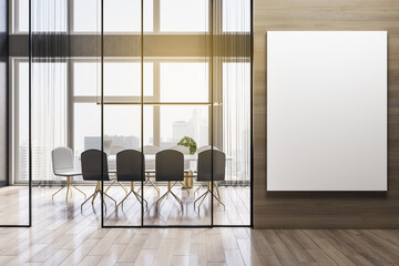 Modern wooden meeting room office interior with empty white mock up banner on wall, table, armchairs, window with city view and daylight. Workplace and law and legal concept. 3D Rendering.