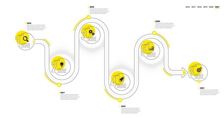 Business Infographic timeline with 6 steps. Workflow process diagram with Idea, Working, Growth chart and Goal target icons. Timeline infograph diagram. Journey path workflow infographics. Vector