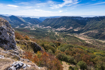 Fototapeta na wymiar High lookout point on Vercors mountains during autumn season. France