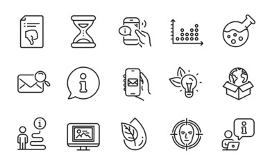 Technology icons set. Included icon as Time, Face detect, Thumb down signs. Mail app, Call center, Chemistry lab symbols. Dot plot, Eco energy, Search mail. Organic product line icons. Vector