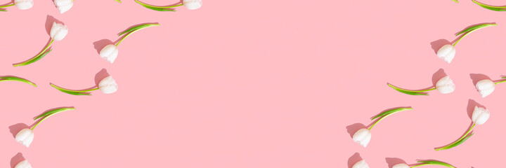 Banner of tulips on a pink background.