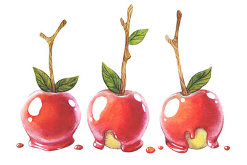 Set of watercolor illustration of caramel apple isolated on white background.