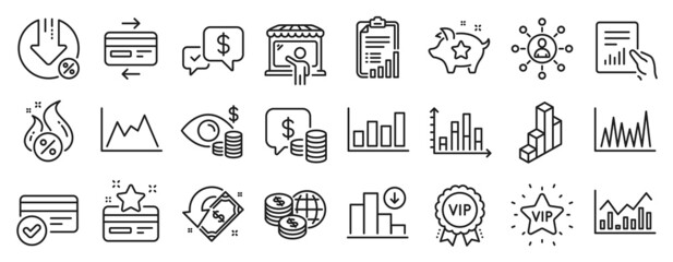 Fototapeta na wymiar Set of Finance icons, such as Line graph, Coins, Decreasing graph icons. Vip star, Business vision, Cashback signs. World money, Report diagram, Infochart. Vip award, Market seller. Vector