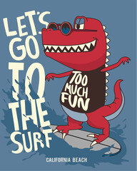 cool surfer dinosaur vector design with surfboard for t shirt