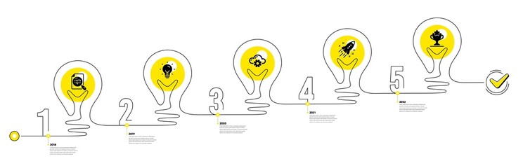 Lightbulb journey path infographics. Business Infographic timeline with 5 steps. Workflow process diagram with Idea, Work, Startup rocket and Winner cup icons. Timeline infograph diagram. Vector