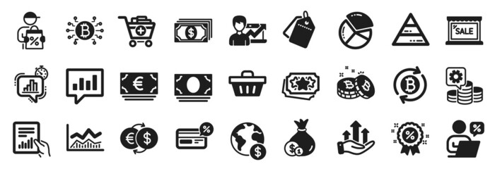 Set of Finance icons, such as Shopping basket, Pyramid chart, Euro currency icons. Cash, Sale, Cash money signs. Document, Bitcoin, Add products. Trade infochart, Payment, Bitcoin system. Vector