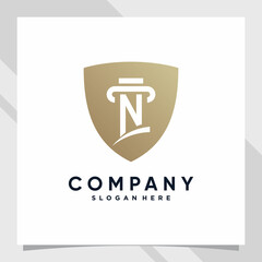 Creative shield combined law logo design initial letter n with negative space concept