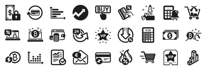 Set of Finance icons, such as Bitcoin mining, Vip star, Calculator alarm icons. Horizontal chart, Wallet money, Dot plot signs. Hot loan, Buying, Audit. Loan percent, Cross sell, 3d chart. Vector