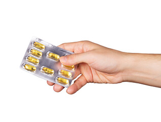 Omega-3 blister in hand on white background