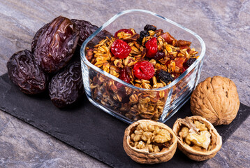 Muesli with dates and walnuts.