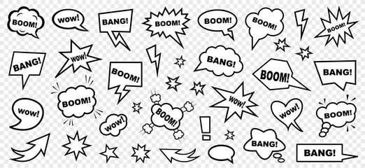 Retro blank comic bubbles and elements with black halftone shadows on a grid background. Vector illustration, vintage design, pop art style