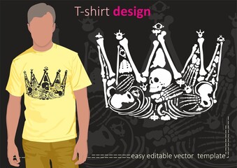 A very cool Royal Crown. Crown of human skulls and bones. Human bones laid out in the shape of a crown. T-shirt print design.
