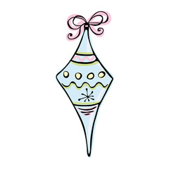 Christmas decoration Christmas toy decorated with a bow, snowflakes, lines, snowballs in doodle sketch style. Decoration for postcards, stickers, notebooks, packaging, covers, etc.