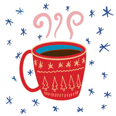 Hot drink tea cofee cup with ornament. Cozy winter holiday illustration