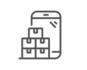 Mobile inventory line icon. Wholesale app sign. Warehouse boxes symbol. Quality design element. Linear style mobile inventory icon. Editable stroke. Vector