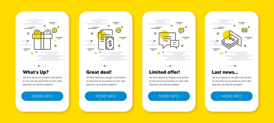 Vector set of Comment, Gift box and Payment line icons set. UI phone app screens with line icons. Atm money icon. Talk bubbles, Present package, Cash money. Dollar currency. Phone UI banners. Vector