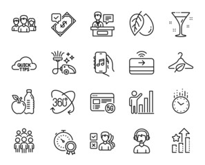 Vector set of Full rotation, Teamwork and Music app line icons set. Group people, Quick tips and Accepted payment icons. Consultant, Time and Opinion signs. Full rotation web symbol. Vector