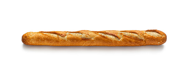 Long and thin French baguette with a golden crust on a white background