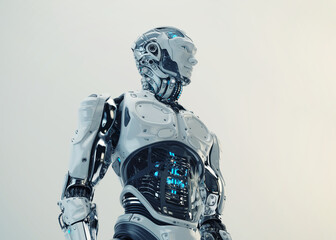 Sci-fi robotic man with white blue eyes and transparent stomach, named 