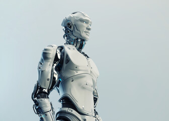 Fototapeta Sci-fi robotic man with white blue eyes, named 