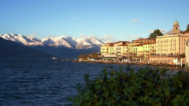 Bellagio, the pearl of Lake Como in winter at sunset. Bellagio is famous all over the world for its beautiful villas overlooking the water.In the background the snow-capped Italian Alps.lake,winter.