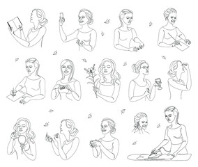 Collection. The life of a woman. Silhouettes of a lady with a cup, pen, knitting, phone, book in modern one line style. Solid line, outline for posters, stickers, logo. Set of vector illustrations.