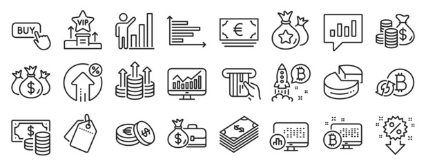 Set of Finance icons, such as Bitcoin project, Horizontal chart, Euro currency icons. Statistics, Loyalty points, Pie chart signs. Coins banknote, Vip podium, Budget. Discount, Coins bag. Vector
