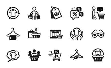 Fototapeta premium Vector set of Change clothes, Buyers and Buyer think icons simple set. Love glasses, Online shopping and Buyer icons. Discounts cart, T-shirt and Discounts chat signs. Vector