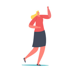 Cheerful Female Character Wear Red Blouse and Black Skirt Walking with Raised Fist, Woman Take Part in Demonstration