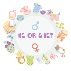 Gender reveal party invitation template. Boy or girl? Baby shower clipart. Blue and pink colors. Gender reveal. Vector illustration Isolated on white background