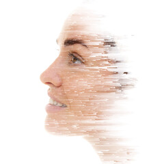 A double exposure portrait of an attractive woman combined with digital art.