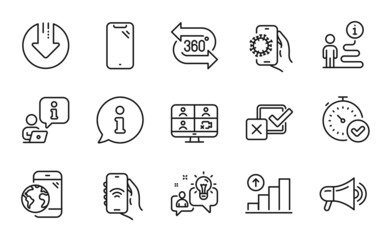 Technology icons set. Included icon as Internet app, Fast verification , Idea signs. Checkbox, Graph chart, Covid app symbols. Mobile internet, Video conference, 360 degree. Megaphone. Vector