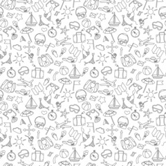Fototapeta na wymiar Seamless pattern on the theme of summer holidays in hot countries, simple dark contour icons on white background