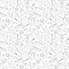 Seamless pattern on the theme of the Barber shop, the tools and accessories of the hairdresser, a simple contour icons, black contour on white background