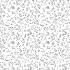 Seamless background with simple hand-drawn icons on the theme of summer and vacation, dark outline on a light background