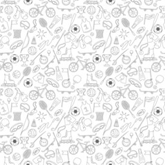 Seamless pattern on the theme of summer sports, simple icons dark outline on a light background