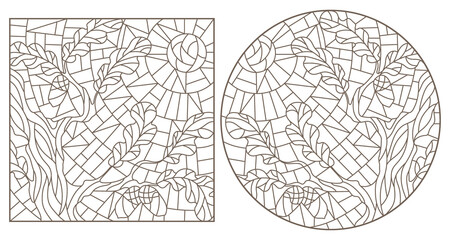 A set of contour illustrations in the style of stained glass with oak branches on a sky background, dark contours on a white background