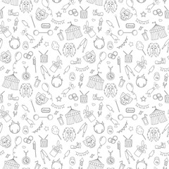 Seamless pattern on the theme of circus, simple contour icons, black contour on white background