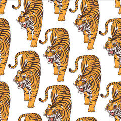 Fototapeta na wymiar Tiger seamless pattern. Tiger climbing down sketch. Vintage background with wild cat. Hand drawn vector illustration.