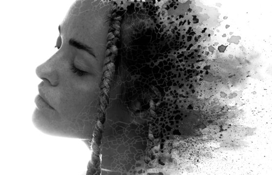 A portrait of a young woman combined with an ink painting. Paintography.