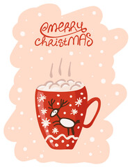 Christmas cup of coffee. Hand drawn style. Vector illustration. Merry Christmas. Happy New Year. Template for postcards, christmas card, banner.