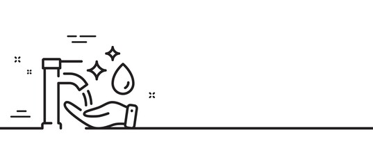 Washing hands line icon. Sanitary cleaning sign. Hand wash symbol. Minimal line illustration background. Washing hands line icon pattern banner. White web template concept. Vector