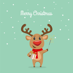 Cute reindeer with christmas gift. Christmas card.