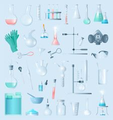 Collection of realistic laboratory equipment. Instruments for chemical experiments. - obrazy, fototapety, plakaty